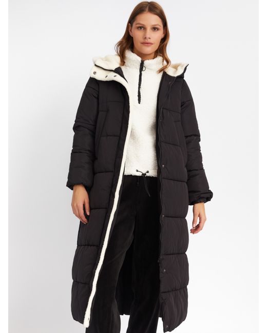 Zolla Тёплая куртка-пальто с капюшоном отделкой из экомеха