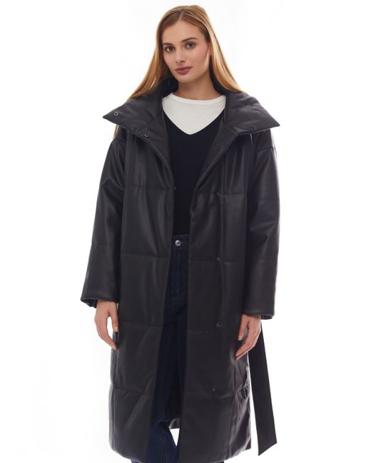 Zolla Тёплое пальто из экокожи на синтепоне с воротником-стойкой и поясом