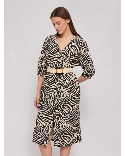 Zolla Платье-халат из хлопка с принтом и плетёным ремнём