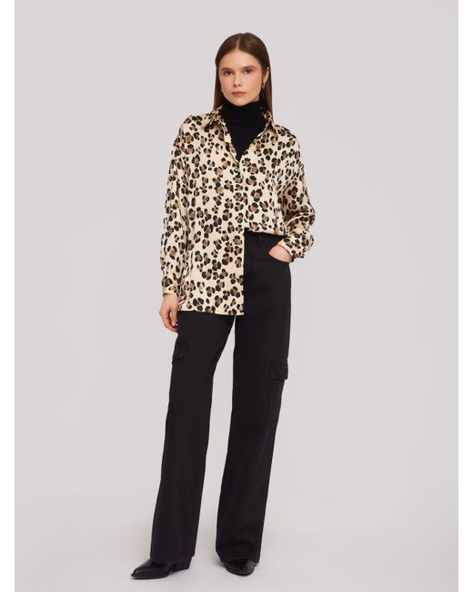Zolla Рубашка оверсайз силуэта из атласной ткани с леопардовым принтом
