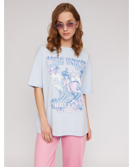 Zolla Трикотажная оверсайз футболка из хлопка с принтом