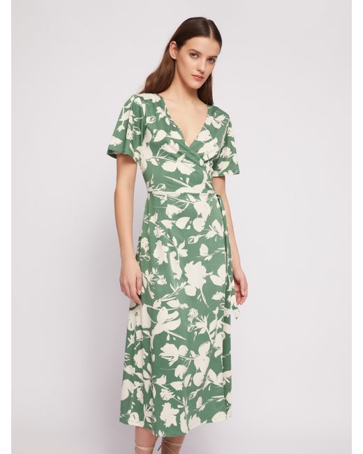 Zolla Приталенное платье-халат с запахом и растительным принтом